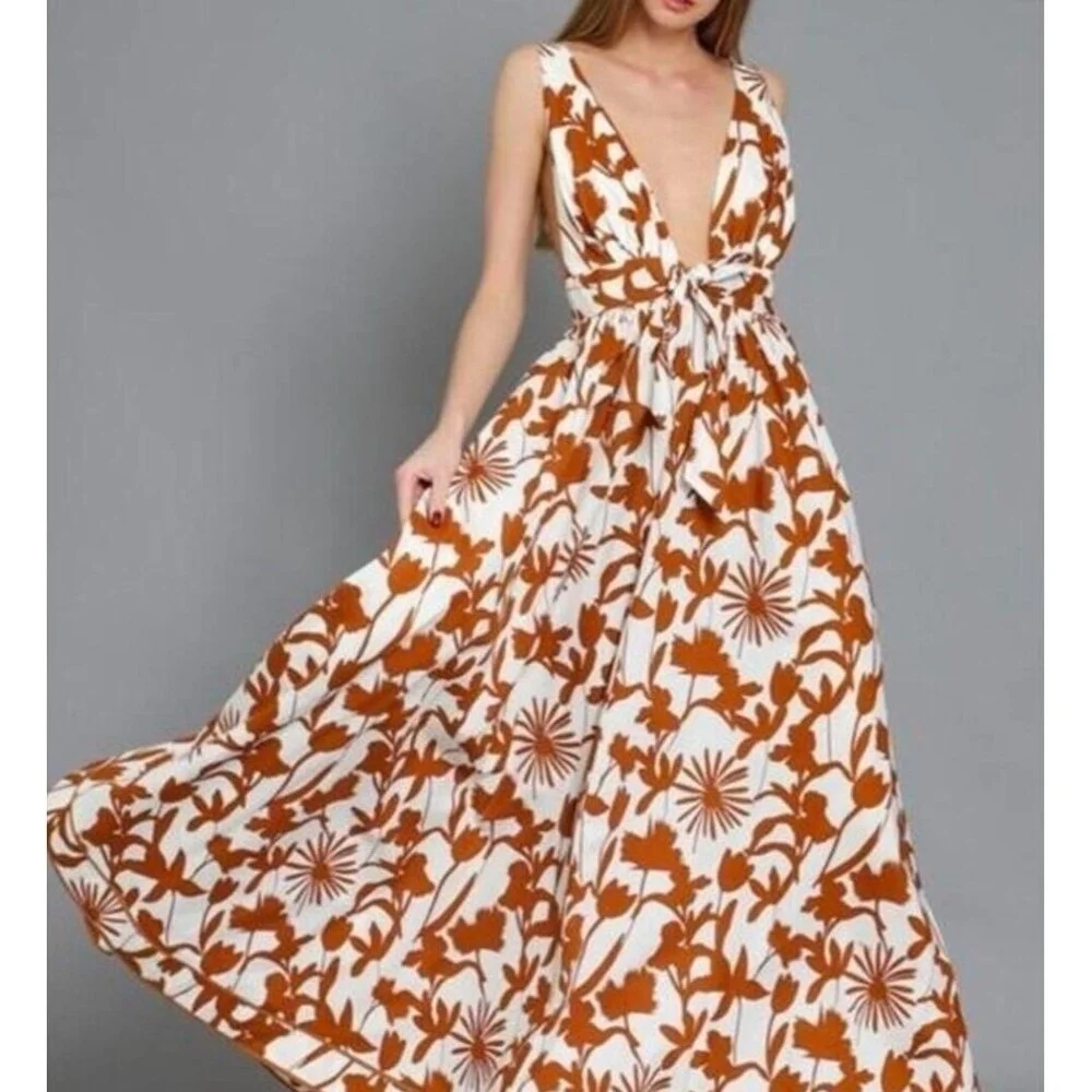 Aakaa Floral Maxi Dress Women Sz S Reddish Brown & White Summer - Picture 1 of 14